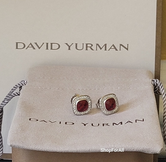 David Yurman Sterling Silver 7mm Albion Stud Earrings Garnet with Diamonds - Picture 6 of 7